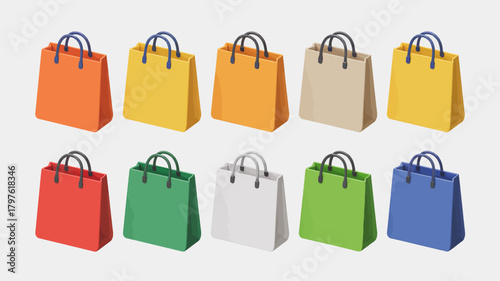Vibrant collection of colorful 3d rendered empty shopping bags, perfect for online retail, e-commerce, sales, consumerism, and advertising visuals
