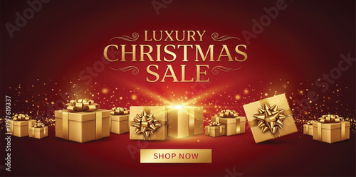 “Luxury Christmas sale banner design with elegant gold typography, deep red gradient background, sparkling glitter particles, and 3D gift boxes wrapped with gold ribbons. Premium festive holiday theme