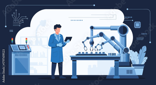 Automation expert overseeing robotic arm operation via tablet within a modern laboratory setting