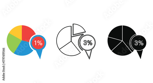Three pie charts with percentages shown in different color styles