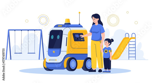 Autonomous vehicle assistant helping woman and child at a park setting vector illustration