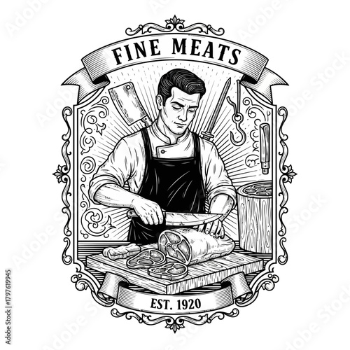 Vintage Butcher Illustration - Man Cutting Meat in Detailed Engraving Style.