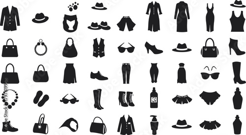Fashion clothing icons collection, apparel silhouette set, wardrobe accessory symbol pack, modern outfit graphic bundle, style element kit