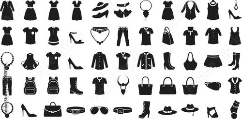 Fashion clothing silhouette icons collection, apparel accessories symbol set, stylish wardrobe elements, modern outfit vector illustration pack