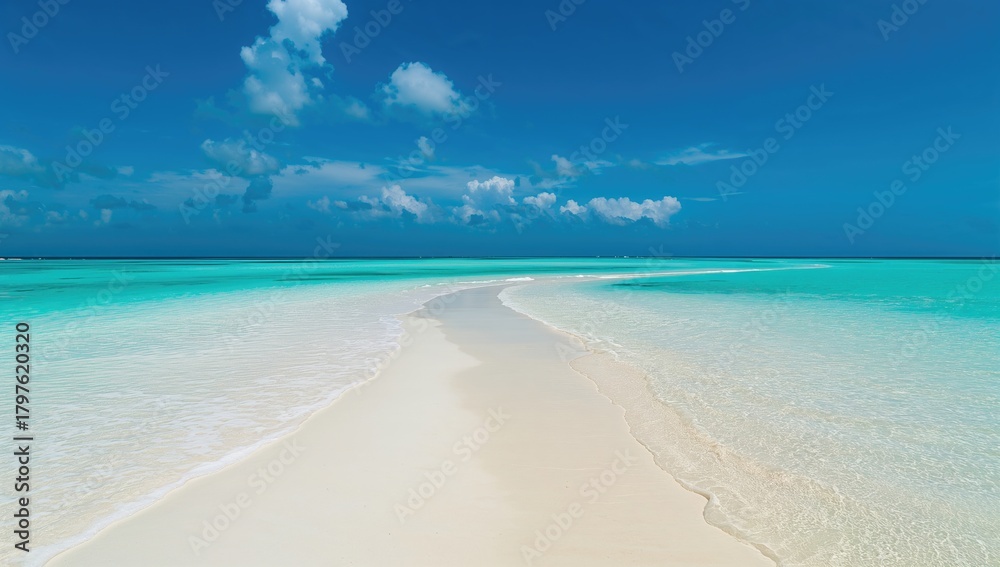 Fototapeta premium White sandy beach under a clear blue sky with a turquoise lagoon, ideal for relaxation and leisure