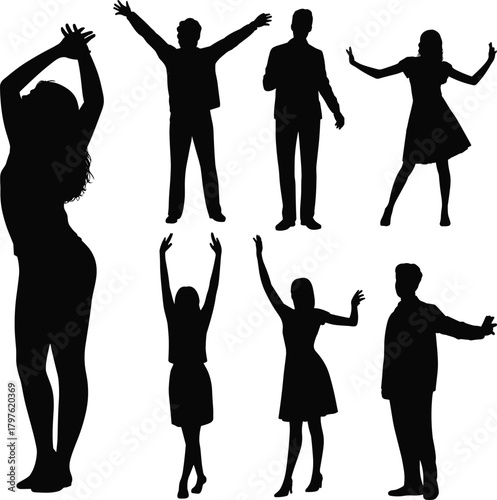 Group of diverse human silhouettes posing with raised arms, expressive standing figures for design, art, creativity and illustration