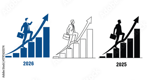 Three graphs showing business growth with men climbing in different ways