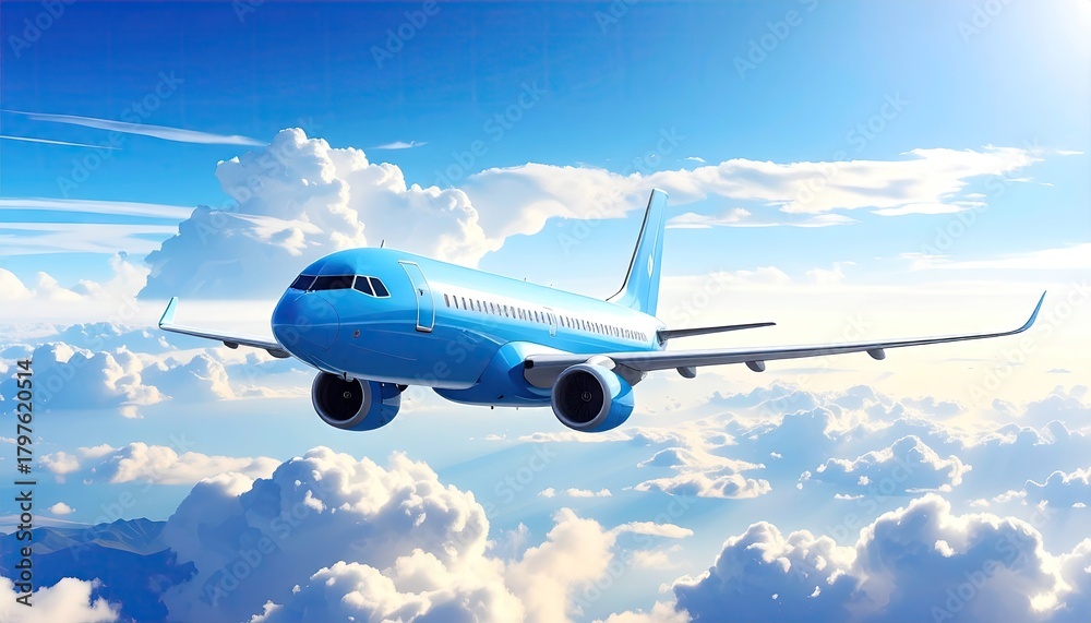 Obraz premium Bright Blue Airplane Soars Through a Sunny Sky Above White Fluffy Clouds on a Clear Day