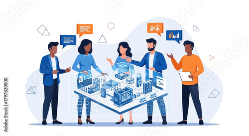 Collaborative engineering team discussing product prototypes and technological advancements to