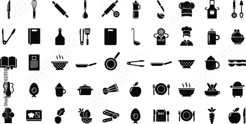 Kitchen cooking utensil icons set, food preparation symbols, chef elements, restaurant tools collection, culinary equipment silhouette design