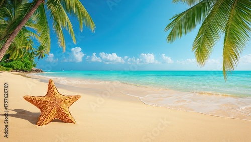 Fototapeta Naklejka Na Ścianę i Meble -  Tropical beach featuring a sea star on the sand, ideal backdrop for summer vacation themes.
