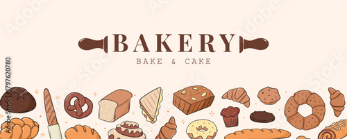 Bakery banner decorated with cute colorful doodles. Good for logos, prints, cards, posters, social media decor. EPS 10