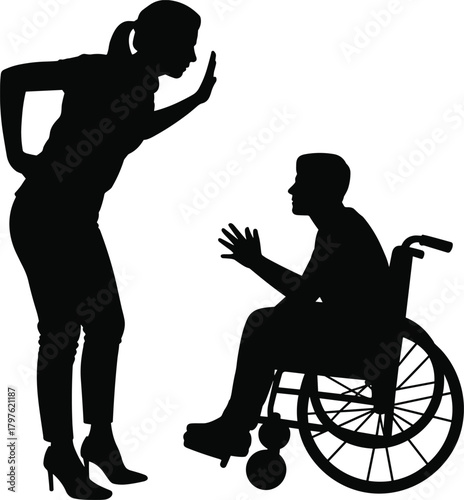 Silhouette conflict scene, standing person gesturing firmly, disabled man in wheelchair reacting, emotional tension, communication struggle illustration