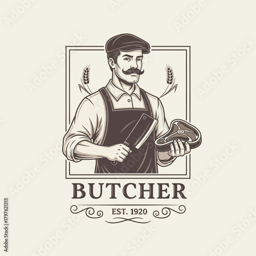 Vintage Butcher Illustration - A Classic Emblem of Meat Craftsmanship and Tradition.