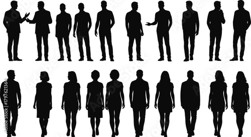 PrintSilhouettes of diverse men and women standing, walking, and talking in various poses, representing teamwork, communication, business concept illustrations, vector design elements