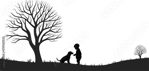 Silhouette of child and dog under large tree on hillside, peaceful nature scene with friendship, innocence, quiet outdoor moment