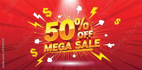 Mega Sale labels with shop button, professional retail marketing banner, perfect for ecommerce ads, social media promotions,