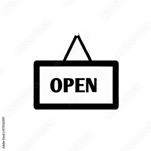 Illustration of a black open sign hanging with a triangle hanger on a white background display