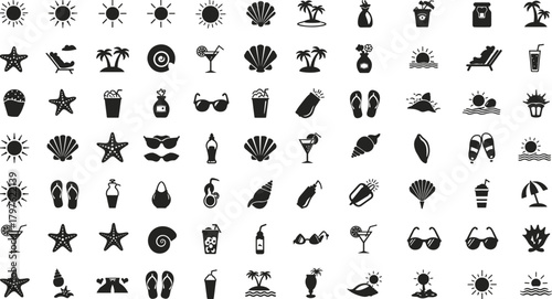 Summer beach icon set, tropical vacation silhouette collection, seaside holiday symbols pack, travel leisure elements bundle for design