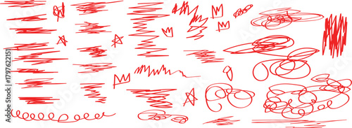 Textured strokes, underlines, scribbles with charcoal or chalk, Creative stripes and strokes of different shapes. Abstract red neon shapes and symbols on a black background. A chaotic collage of brigh