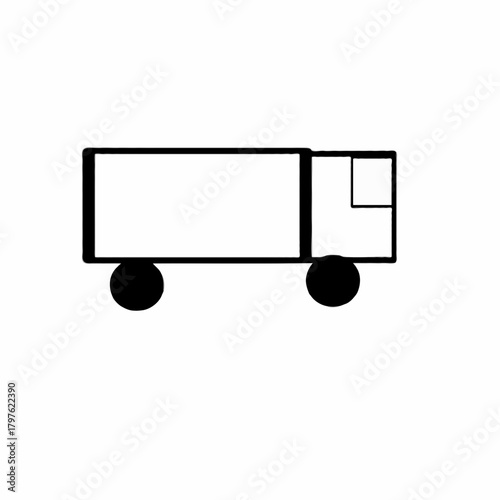 A simple black and white drawing of a truck with a rectangular body and circular wheels shown sideways