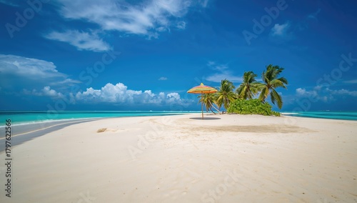 Fototapeta Naklejka Na Ścianę i Meble -  Tropical sandbank island featuring a sunshade umbrella, ideal for relaxation under a clear blue sky