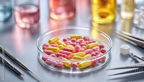 A petri dish of pink and yellow pills sits on a reflective lab surface with other equipment