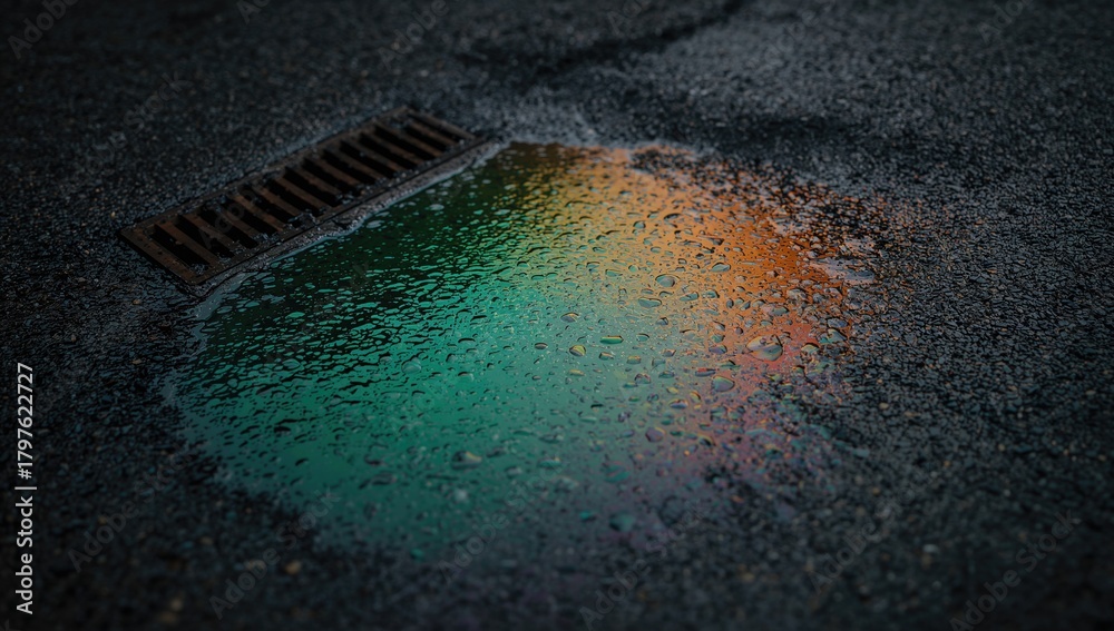 Obraz premium Petrol gasoline oil spill on road tarmac, environmental hazard, Earth Day