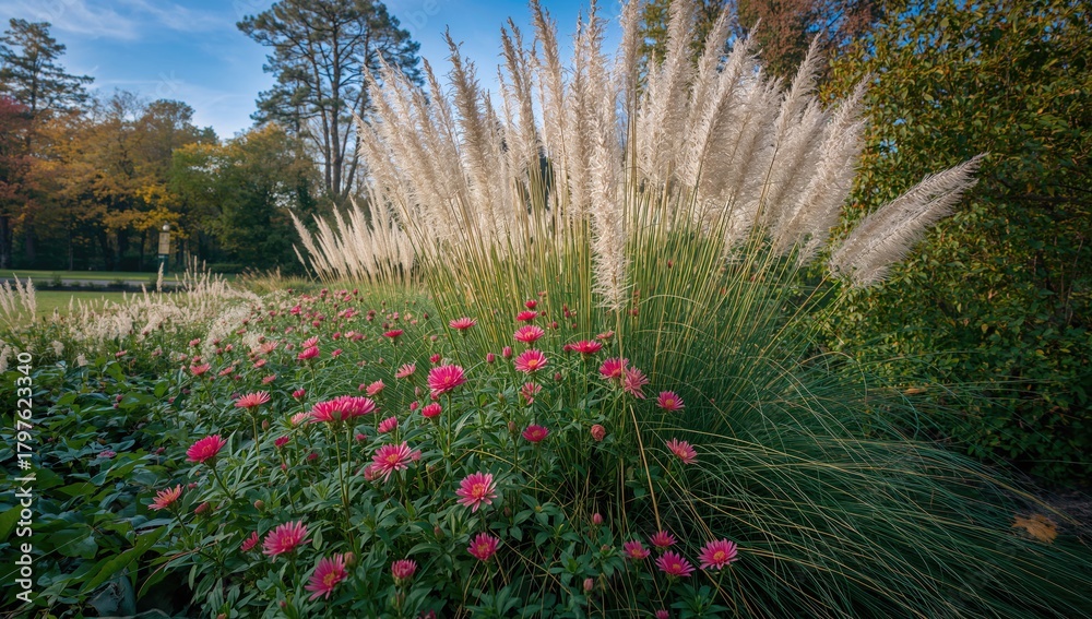 Naklejka premium Spiral arrangement of small-flowered Korean chrysanthemum and Pennisetum in a park, seasonal change