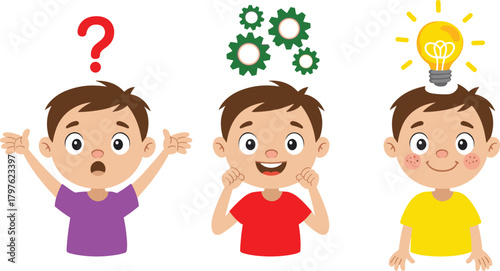 Cartoon boy expressing confusion thinking and idea stages with question mark gears and light bulb concept showing problem solving creativity illustration