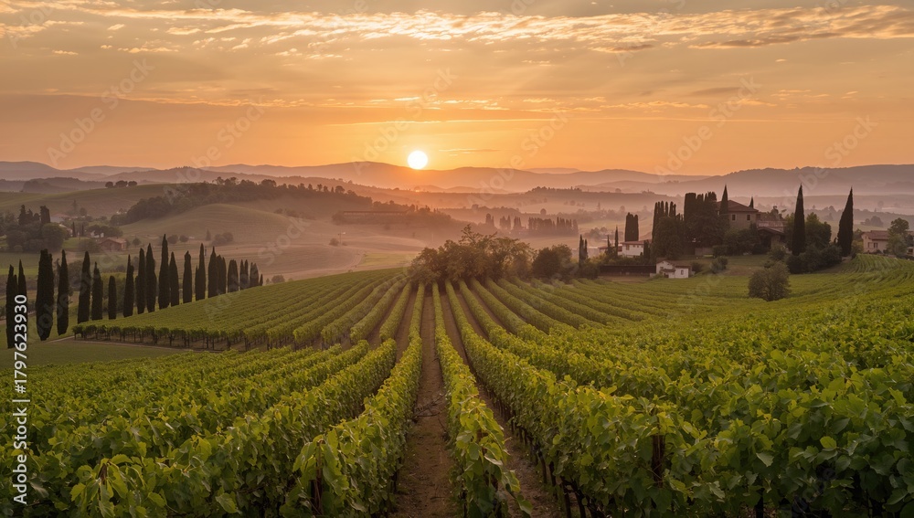 Obraz premium Vineyard during sunset, showcasing Sangiovese grape variety, highlighting seasonal change