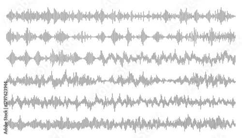 Abstract visual representation of multiple sound waves or audio waveforms in a linear pattern