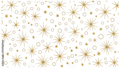 Whimsical hand drawn starbursts and abstract circles in gold and muted colors on a white background