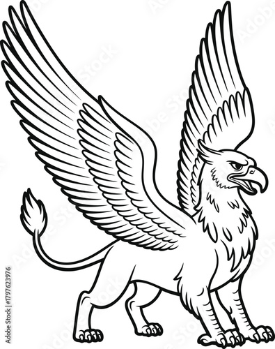 Majestic griffin mythical creature line art drawing black and white