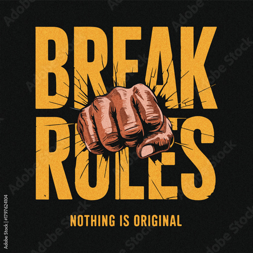 Break rules - slogan typography with camouflage texture. t-shirt design. Trendy apparel print . Vector illustration. break through slogan with hand ripping through illustration on black background