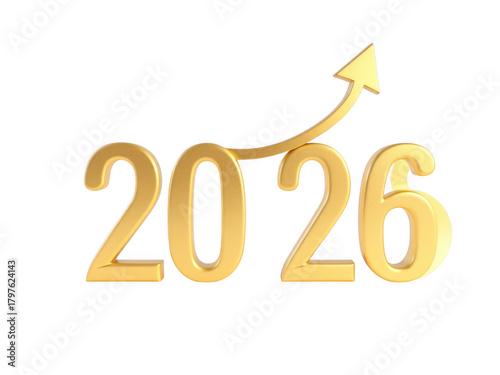 Golden 2026 year with upward arrow isolated on black background isolated on white background isolated on transparent background