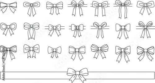 Collection of hand drawn bow illustrations featuring various styles and sizes for decorative design elements