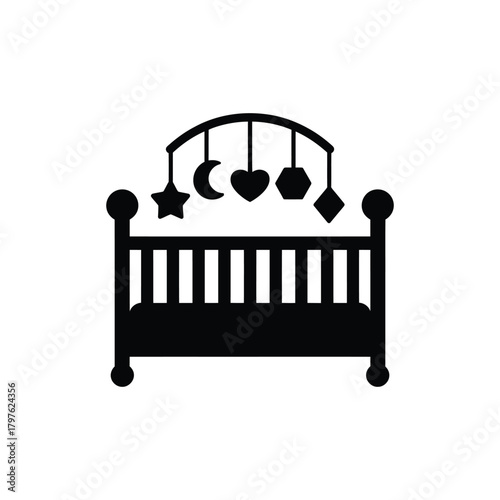Minimalist baby crib with hanging mobile icon, childcare, sleep, infancy symbol