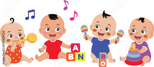 Cute cartoon illustration of four happy babies playing with colorful musical toys and blocks, creating fun cheerful infant nursery activity scene
