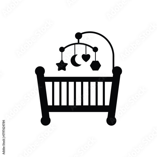 Baby crib with mobile icon, child's nursery furniture for sleep and play.