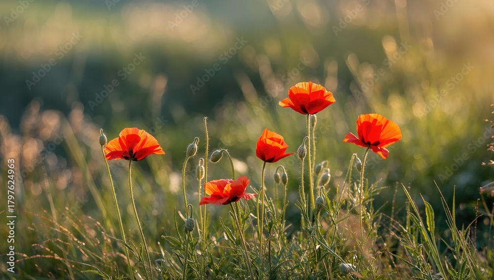 Obraz premium Poppies blooming in a green space, seasonal change