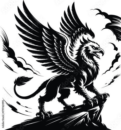 Majestic griffin standing proudly on rocky outcropping with wings spread