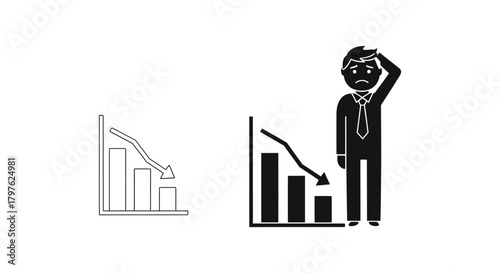 Man with hand on head and decreasing bar graph in three color styles