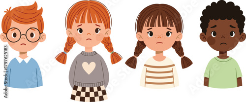 Sad diverse children illustration, emotional kids portrait, cartoon group with worried faces, empathy concept, childhood emotions, multicultural concern artwork