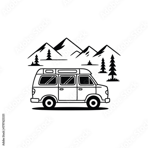 Retro camper van exploring mountains and forest, nature travel adventure