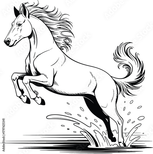 Majestic horse leaping through water with flowing mane and tail