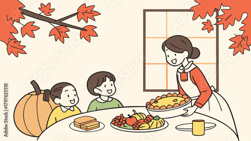 A mother serving a delicious pie to her two happy children at a festive autumn dinner table.