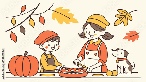 Mother and child baking a pumpkin pie together with their dog during autumn, surrounded by fall leaves.