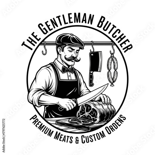 Vintage Butcher Preparing Meat - A Detailed Black and White Illustration.