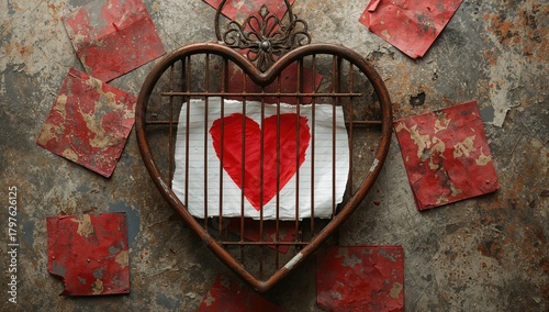 Painted heart design on notebook paper within a cage, symbolizing isolation